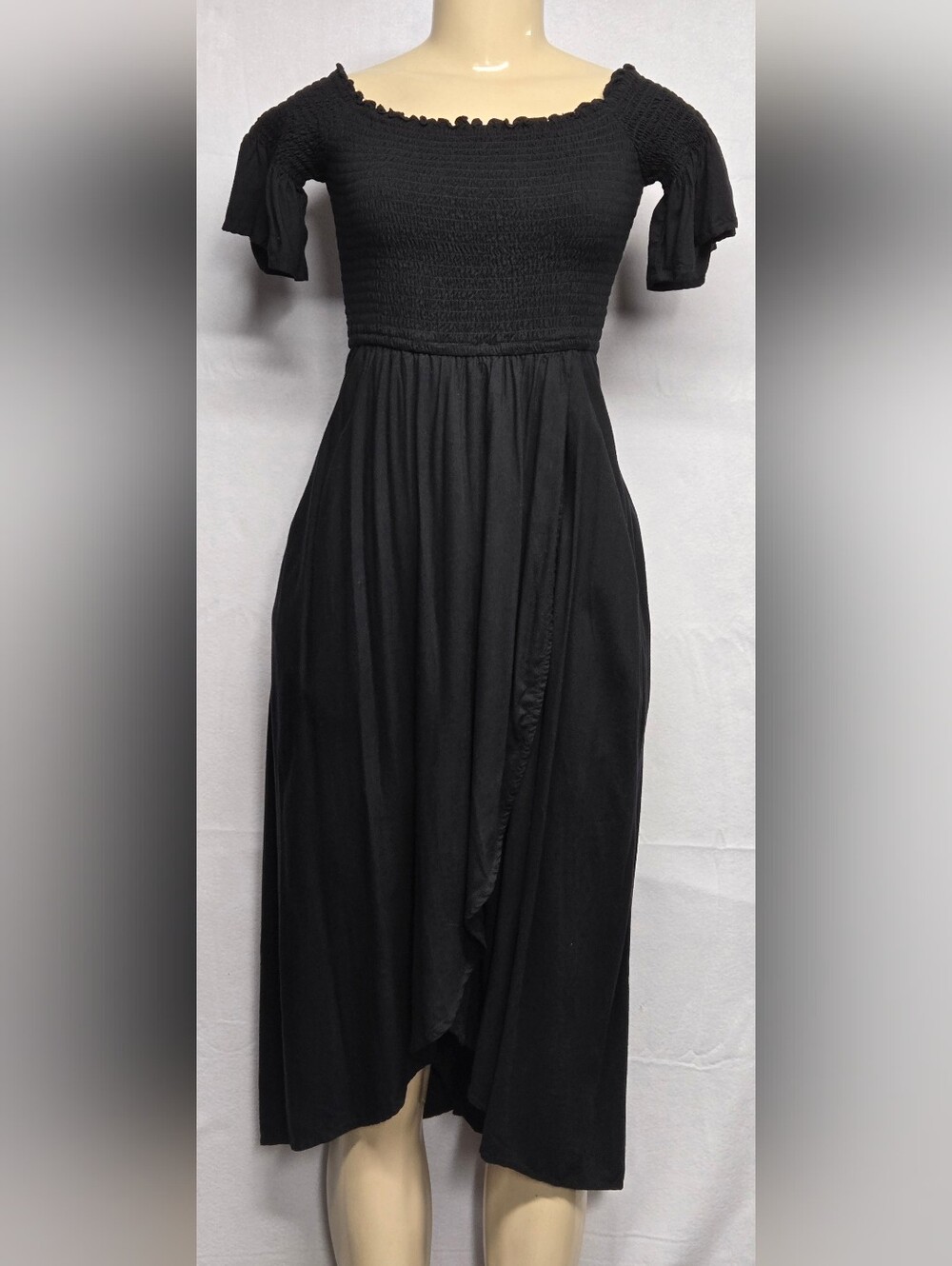 Hollister XS Dress Smocked Short Sleeve Faux Wrap Black Viscose